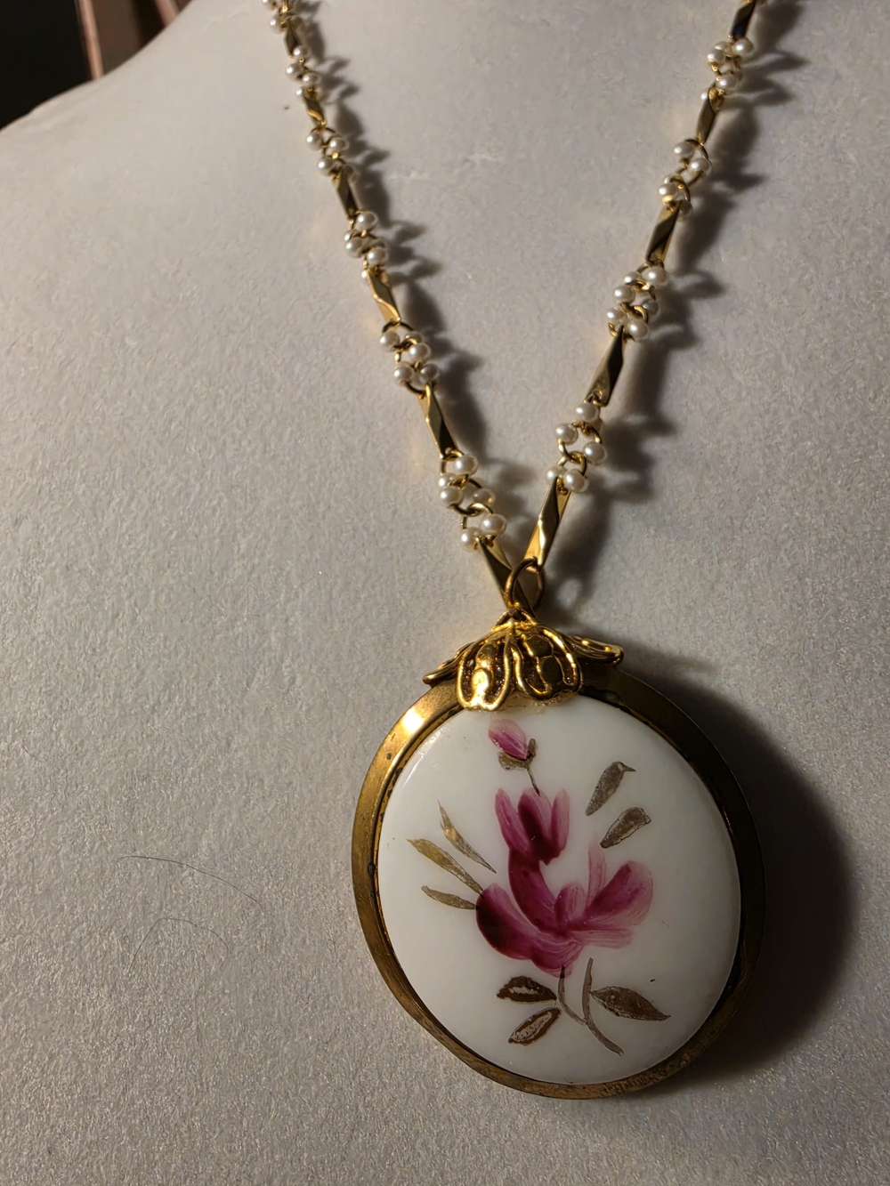 Gold Floral Porcelain Locket Necklace with Pink Roses